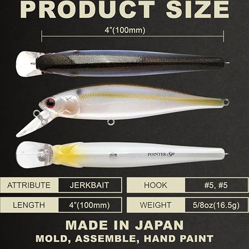 LUCKY CRAFT Pointer 100SP, Jerkbait Side by Side Action Tournament Winning Perfect Wobbling Freshwater Lake Bass Fishing Champion Bait - color: 183 Pearl Threadfin Shad