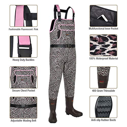 HISEA Women Waders Waterproof 400G Insulated Neoprene Chest Wader for Women - color: Pink Leopard, size: 8