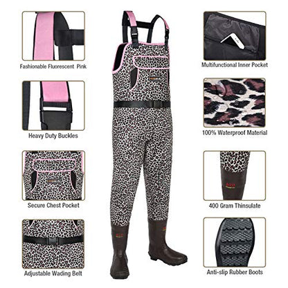 HISEA Women Waders Waterproof 400G Insulated Neoprene Chest Wader for Women - color: Pink Leopard, size: 8