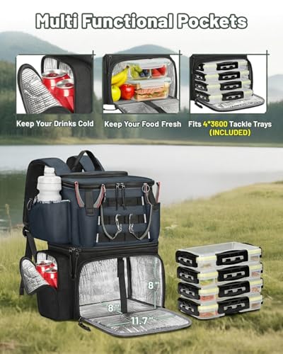 MATEIN Fishing Backpack with 4 Tackle Boxes, Fishing Bag with Rod Holder | 3600 Tackle Box 4 Pack, Water Resistant Tackle Backpack with Cooler Compartment, Safety Compass, Gifts for Fishermen - color: Grey Black