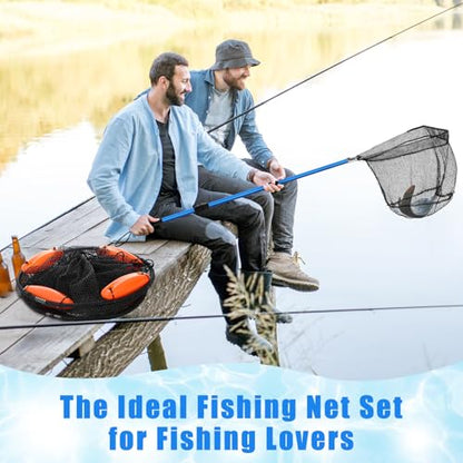 Lasnten 2 Pcs Extra Large Foldable Floating Fish Basket for Live Caught Net Collapsible Floating Fishing Basket with Long Robust Telescopic Handle Rubber Mesh Net Bait for Bait Live Well Storage