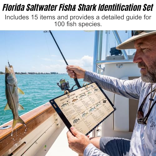 Florida Saltwater Fish & Shark ID Set - 100 Species Waterproof Guide (9.8x7.1") - 11.4" Acrylic Backplate with Integrated 11" Ruler & 40" Folding Fish Tape - Reusable Catch Log & Dry Erase Pen (black)