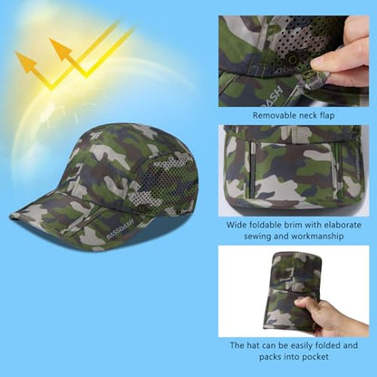 BASSDASH UPF 50+ Foldable Fishing Hat Baseball Cap with Removable Neck Flap Portable for Men Women Golf Hiking - color: Army Green Camo With Foldable Brim