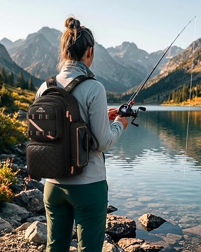 MATEIN Fishing Sling Bag with Phone Pouch, 3600 Tackle Box Backpack | Tackle Bag with Removable Bait Binder, Fishing Bag with Lure Rod Holder, Cooler Compartment, Waterproof, Women Fishing Gifts - color: Black-pink