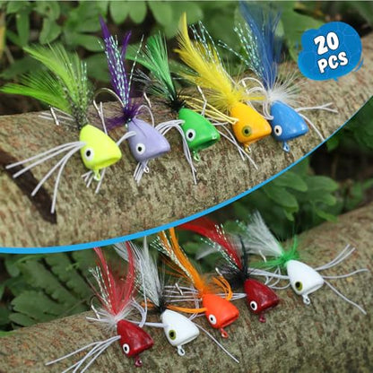 Fly Fishing Poppers Flies, Fly Popper Lures Bass Bluegill Crappie Trout Salmon Panfish Perch Popper Flies Kit for Fly Fishing - color: 20pcs Popper Flies Kit
