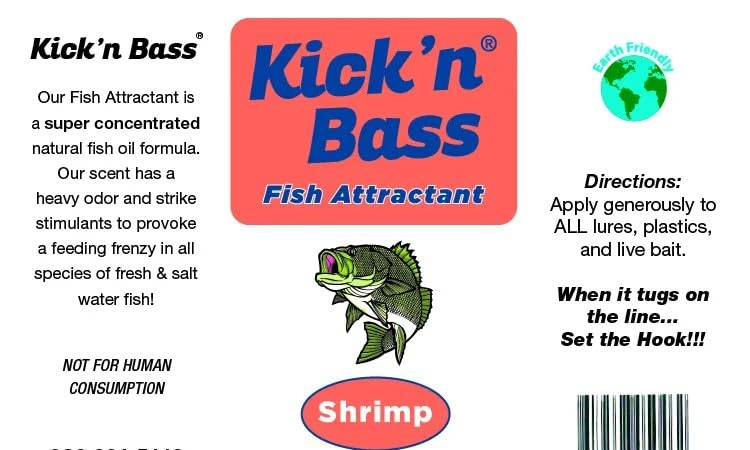Kick’n Bass Fish Attractant, Supercharged Concentrated Natural Fish Oil Formula Scent for Fishing Lures, One 4 fl oz Bottle. (10 Scents to Choose from) - color: Shrimp - Kick’n Bass Fish Attractant