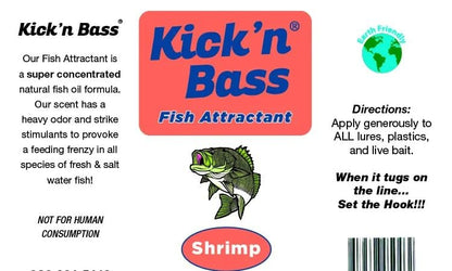 Kick’n Bass Fish Attractant, Supercharged Concentrated Natural Fish Oil Formula Scent for Fishing Lures, One 4 fl oz Bottle. (10 Scents to Choose from) - color: Shrimp - Kick’n Bass Fish Attractant