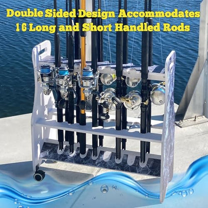 Rush Creek Creations Reel Salty Waterproof Marine Grade 16 Rolling Fishing Rod Holder Dock/Garage Storage Rack, Father's Day Gift, Gift for Dad and Grandpa, Gray/White, 29.8" L x 11.6" W x 30.9" H - style: Rolling Rod Rack