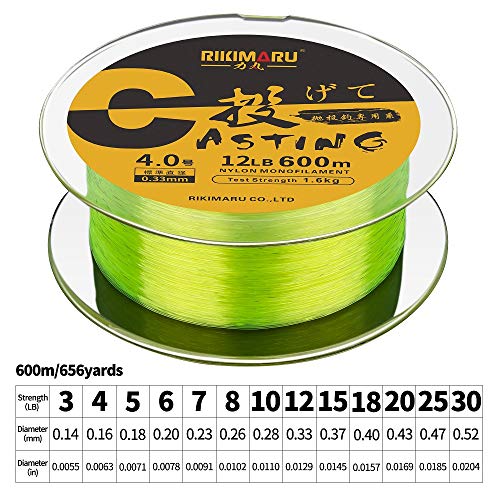 RIKIMARU Premium Monofilament Fishing Line-Strong and Abrasion Resistant Mono Line-Superior Nylon Material Fishing Line - color: Fluo-Yellow, size: 660Yds/0.20mm/6LB