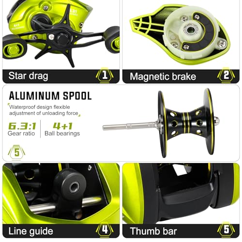 Sougayilang Baitcasting Fishing Reel, 8:1 High Speed Gear Ratio Super Smooth and Powerful Low Profile Baitcaster Reel with Maganic Brake System for Freshwater,Saltwater - color: Green-Right Hand