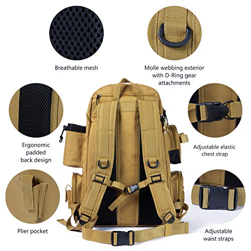 BASSDASH Fishing Tackle Backpack Water Resistant Tactical Bag Soft Tackle Box with Rod Holder and Protective Rain Cover - color: British Khaki Backpack [3600] With 3 Trays