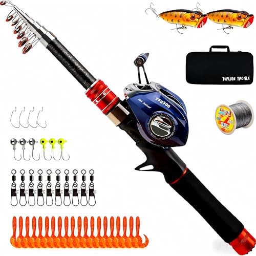 Telescopic Fishing Rod and Reel Combos, Carbon Fiber Fishing Rod with Stainless Steel Baitcasting Reel Portable Fishing Pole Reel Combo for Travel Saltwater Freshwater - size: 2.1m