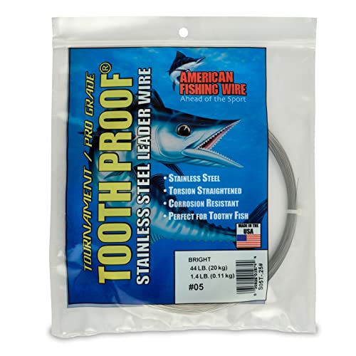 AFW Tooth Proof Stainless Steel Single Strand Hard Leader Wire - Bright and Camo for Shark, Barracuda, King Mackerel, Wahoo, Snook Bite Protection for Toothy Critters, Rigging Baits and Lures - color: Bright, style: #5, 44 Lb Test, 1/4 Lb