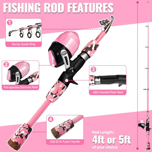 PLUSINNO Kids Fishing Pole with Spincast Reel Telescopic Fishing Rod Combo Full Kits for Boys, Girls, and Adults - color: Pink, size: 5FT / 1.5M