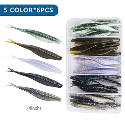 Fishing Bait Soft Plastic Lures 30/50 Pcs, Weighted Hooks 10 Pack & 40-Piece Set, 4in/5in Salty Split Tail Jerk Shad, 3/0 4/0 5/0 Weedless Swimbait Hook for Bass Fishing - color: Set A, size: 4in-30 Pcs