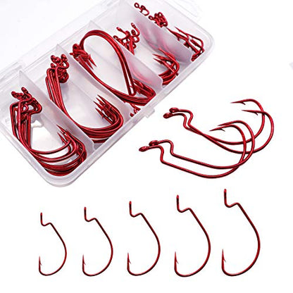 50pcs Fishing Worm Hooks High Carbon Steel Wide Gap Offset Saltwater Freshwater Extra Strong Circle Jig Worm Fishing Hooks for Bass Trout with Box Packed #1/0-5/0 - color: red