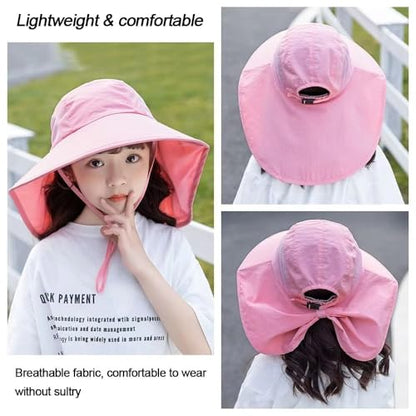 Kids-Sun Hat with Neck Flap Wide-Brim Fishing-Hat Lightweight Ponytail-Hat UV-Protection Summer Toddler Beach-Hat