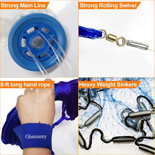 Nylon Monofilament Cast Net, 4FT/6FT/7FT/8FT/9FT/10FT/12FT American Style Hand Throwing Fishing Net with Iron Chain Weights for Saltwater and Freshwater - color: BLUE, size: 10FT