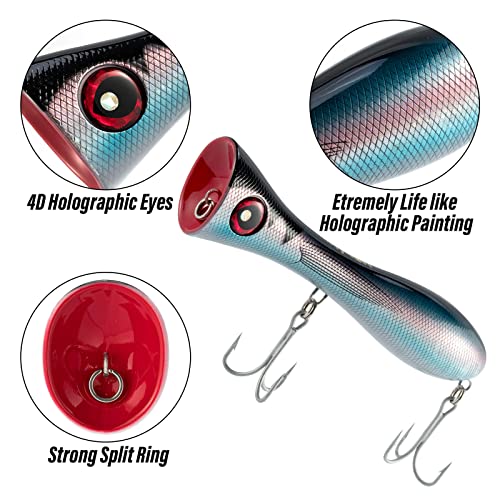 Dr.Fish Popper Saltwater Fishing Lures, 8 Inches GT Popper VMC Treble Hooks Surf Fishing Lures for Striper Tuna Barracuda Mackerel Snapper Bluefish Pencil Plugs Offshore - color: Blue Amberjack(8")-1 Pack