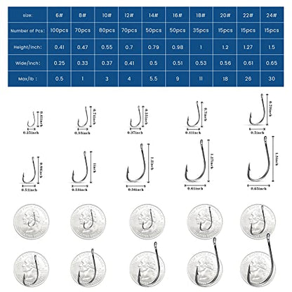 Carbon Steel Fishing Hooks 500Pcs/90Pcs, Circle Hooks Assortment for Saltwater Freshwater Ice Fishing, Salt Water Fish Hooks for Catfish Trout Bass Octopus Multi Size