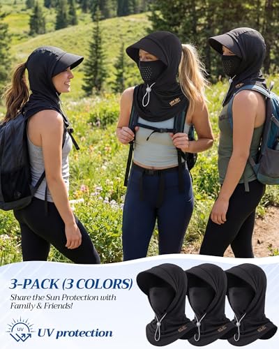 Shihanee 3 Pack Balaclava Face Mask Sun Protection Hood Cooling Breathable Full Head Mask for Men Women Fishing Cycling - color: Black
