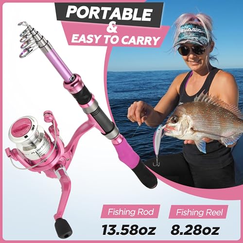 Fishing Rod and Reel Combos, Fishing Gear Gifts for Women with Spinning Reel, Lures, Line, Pink Ladies Telescopic Pole Kit Designed for Girls Adults by PLUSINNO - size: 6.86 ft - Complete Kit