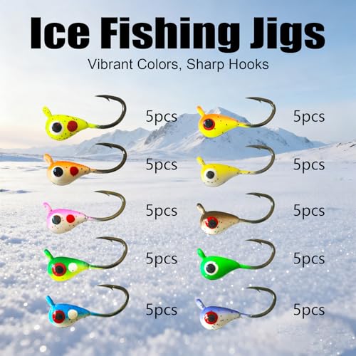 Ice Fishing Jigs Set, 50Pcs Jig Heads for Ice Fishing Lure for Crappie Trout Perch Sunfish Panfish Walleye Pike