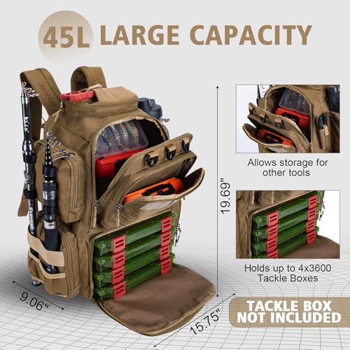 Goture Fishing Backpack,900D Water-Resistant Tackle Backpack with Rod Holders,45L Large Fishing Bag Storage Gear Tackle Bag with Rain Cover,Bottle Holder for Travel Camping Hiking(Without Tackle Box) - color: A2:45L Khaki(Without Tackle Box)