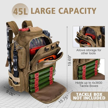 Goture Fishing Backpack,900D Water-Resistant Tackle Backpack with Rod Holders,45L Large Fishing Bag Storage Gear Tackle Bag with Rain Cover,Bottle Holder for Travel Camping Hiking(Without Tackle Box) - color: A2:45L Khaki(Without Tackle Box)