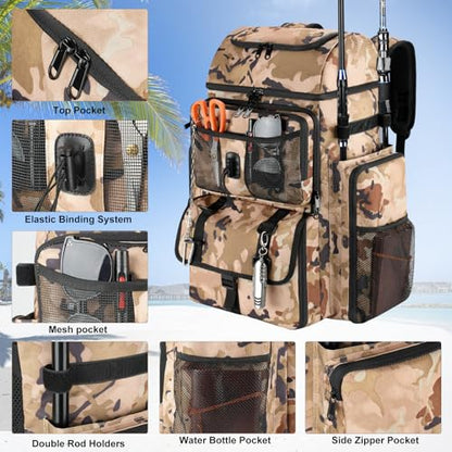 VJI Fishing Tackle Backpack with Rod Holder, Large Tactical Backpack, Fishing Gear Tackle Box Tactical Backpack, Water Resistant Sport Bag and Equipment - color: Khaki Camo