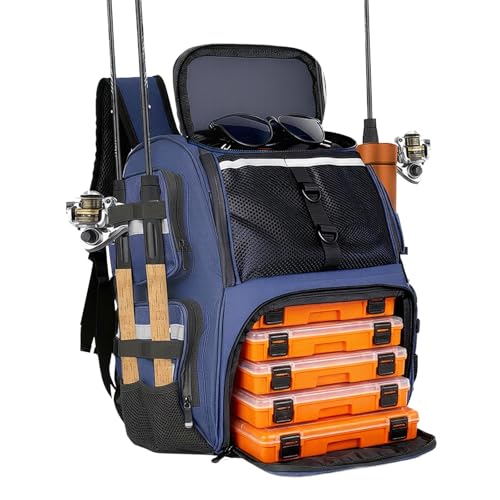 45L Fishing Tackle Backpack with Rod Holders, Waterproof Large Fishing Back Pack Storage Bags & Wraps Gear And Equipment for Men for Camping Hiking, Bottle Holder - color: Blue