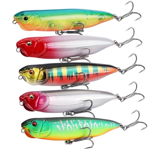 FLISSA 5PCS Top Water Fishing Lures Kits, Bass Fishing Lures for Freshwater & Saltwater, Realistic Hard Bait, Popper Fishing Lure with Treble Hooks for Trout, Bass, Salmon, Walleye Fishing