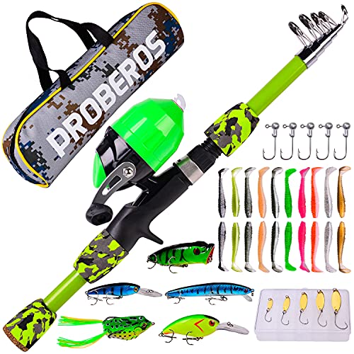 PROBEROS Kids Fishing Pole - Portable Telescopic Fishing Rod and Reel Combo Kit - Spincast Fishing Reel Casting Rods with Lures Lines Tackle Box and Bag for Boys Girls Youth Fishing - color: Green, size: 1.5M/4.9Ft