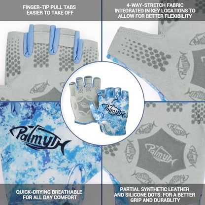 Palmyth Stubby UV Fishing Gloves Sun Protection Fingerless Glove Men Women UPF 50+ SPF for Kayaking, Paddling, Canoeing, Rowing, Driving - color: Blue Mist, size: Large
