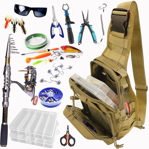 Kynzo Fishing Sling Backpack with Rod Holder, Water-Resistant Fishing Tackle Bag, Durable Shoulder Crossbody Pack for Freshwater Saltwater Fishing(C- Khaki) - color: C- Khaki