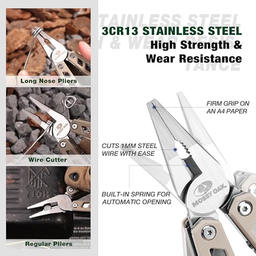 MOSSY OAK Multitool, 22-in-1 Stainless Steel Pliers with Screwdriver Sleeve, Desert Steel Handle, Self-locking Knife with Sheath-Perfect for Outdoor, Survival, Camping, Hiking, Simple Repair - color: 22-in-1, Desert