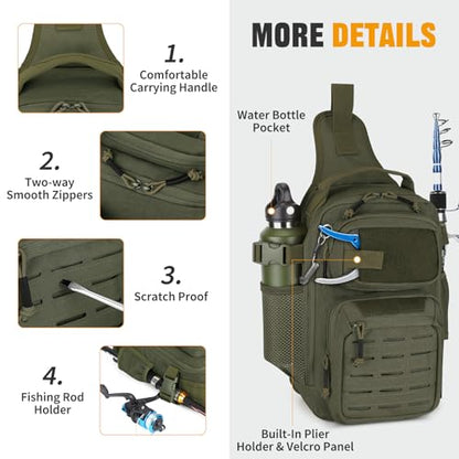 HUNTVP Fishing Sling Bag Lightweight Tackle Bag Small Fishing Backpack Tactical Shoulder Sling Bags with Rod Holder, Storge Gear and Equipment, Gifts for Men (Army Green) - color: Army Green