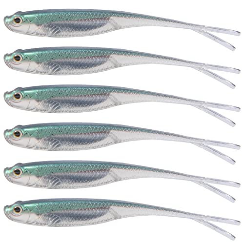 Dr.Fish Soft Plastic Baits, Fork Tail Soft Jerkbait Minnow Lures, 3 to 4-3/4 Inches Soft Swimbaits Jerk Shad Baits Crappie Bass Fishing Lures - color: Green, size: 3"-6 Pack