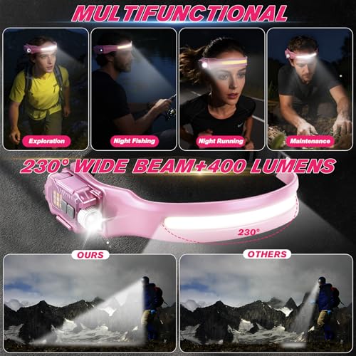 mouhike Pink Fishing Tool Set, 9 Modes Rechargeable LED Headlamp, Long Nose Fishing Pliers, Fish Lip Gripper, Night Fishing Gear Kit Fishing Gift for Men Women
