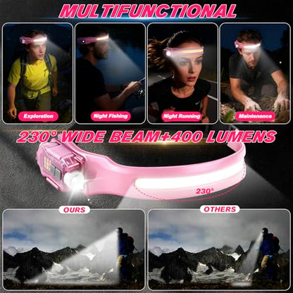 mouhike Pink Fishing Tool Set, 9 Modes Rechargeable LED Headlamp, Long Nose Fishing Pliers, Fish Lip Gripper, Night Fishing Gear Kit Fishing Gift for Men Women