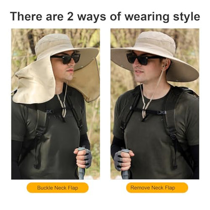HUAMULAN Men Summer Sun Hat Women Safari Wide Brim Fishing Hats UV Protection Neck Flap Bucket Gardening Hiking Hunting Cap - color: Beige