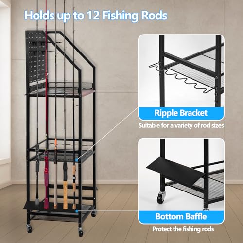 Fishing Rod Holder for Garage Organization, Fishing Rod Rack, Fishing Gear Storage up to 12 Rods with Pegboard & Hooks, Heavy Duty Fishing Cart with Wheels for Fishing Storage,Tackle Box