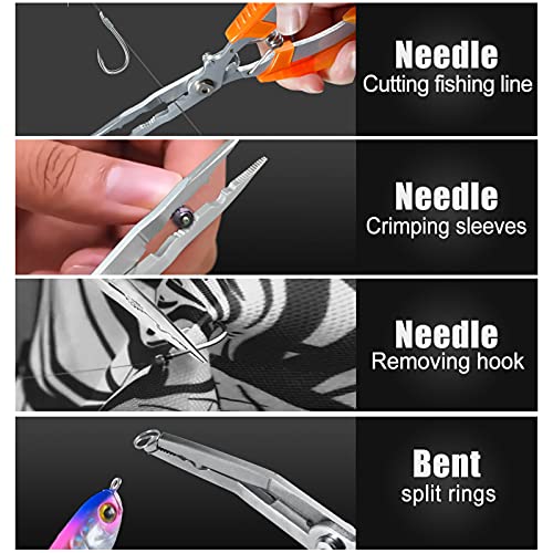 Fishing Pliers Needle & Bent Nose Stainless Steel Hook Remover Fishing scissors Fishings Line Cutter Split Ring Pliers Braid Cutter Multi-purpose Fishings Plier with Sheath and Lanyard