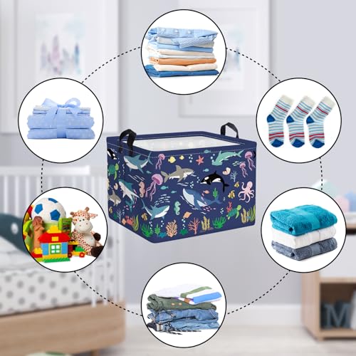 Clastyle Fish Sea Turtle Baby Basket Ocean Coral Seaweed Starfish Toy Book Shelf Basket Waterproof Pool Toy Beach Towel Storage Bin Large Dirty Clothes Laundry Hamper, Whales, 40*30*30 cm