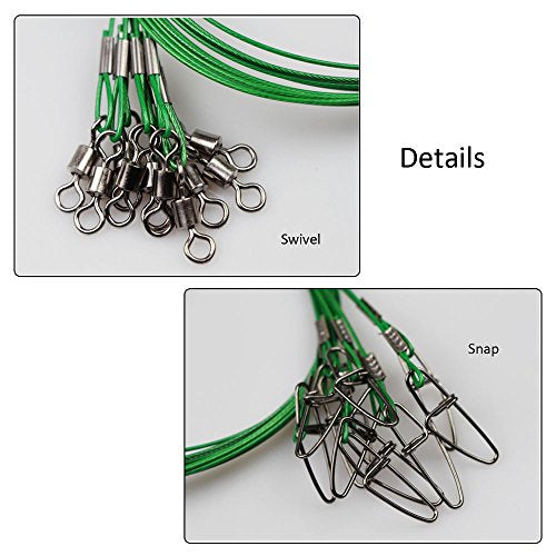 20pcs Fishing Wire Leaders Heavy Duty Fishing Stainless Steel Wire Leaders 150LB High Strength Fishing Leaders with Swivels and Snaps Black/Red/Green - color: Black/Green Leader