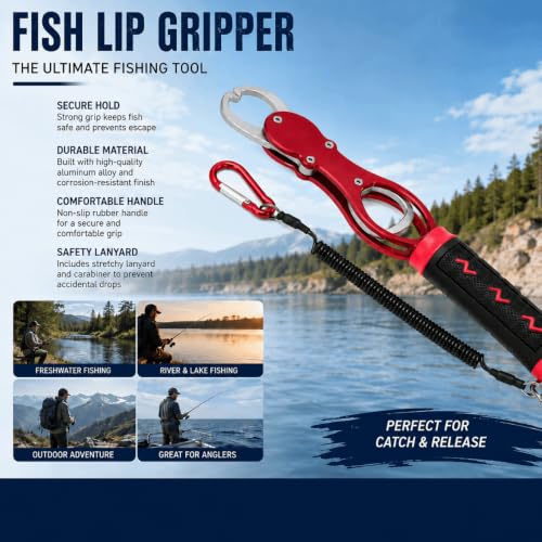 Fish Lip Gripper with Built-in Scale 18kg (39.7 lb) – Portable Fish Controller Tool with Non-Slip Handle for Freshwater & Saltwater Fishing(Red) - color: Red