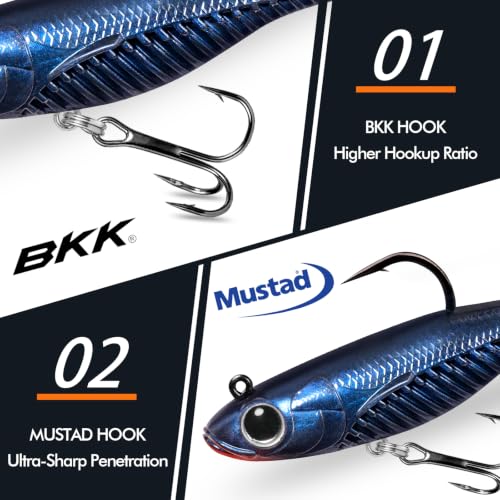 TRUSCEND Duramax Easy Catch Soft Fishing Lures with BKK Hook, Trembly Sinking & Vibrating Swim for More Bites, Pre-Rigged Curly & T-Tail Swimbait for Bass, Trout, Crappie, Freshwater Saltwater Fishing - color: A4-6'',1-3/4oz