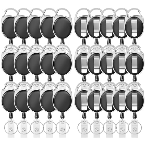 Retractable Badge Holder with Carabiner Reel Clip and Key Ring for ID Card Key Keychain Holders Black 30 Pieces - style: Black-30pcs