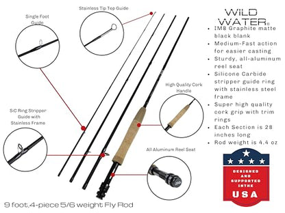 Wild Water Deluxe Fly Fishing Combo Starter Kit, 5 or 6 Weight 9 Foot Fly Rod, 4-Piece Graphite Rod with Cork Handle, Accessories, Die Cast Aluminum Reel, Carrying Case, Fly Box Case & Fishing Flies