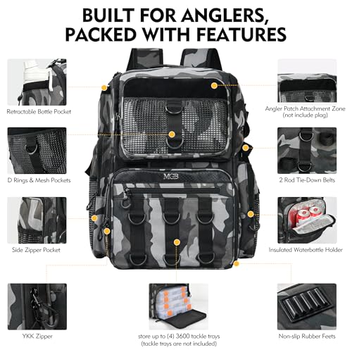 MGB 46L Water-resistant Fishing Tackle Backpack with Rod Holders, Fishing Gifts - color: Grey+black Camo（without Tackle Box）